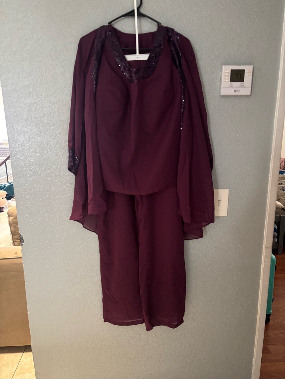 Wine/ Maroon Chiffon Sequined 3-Piece Set